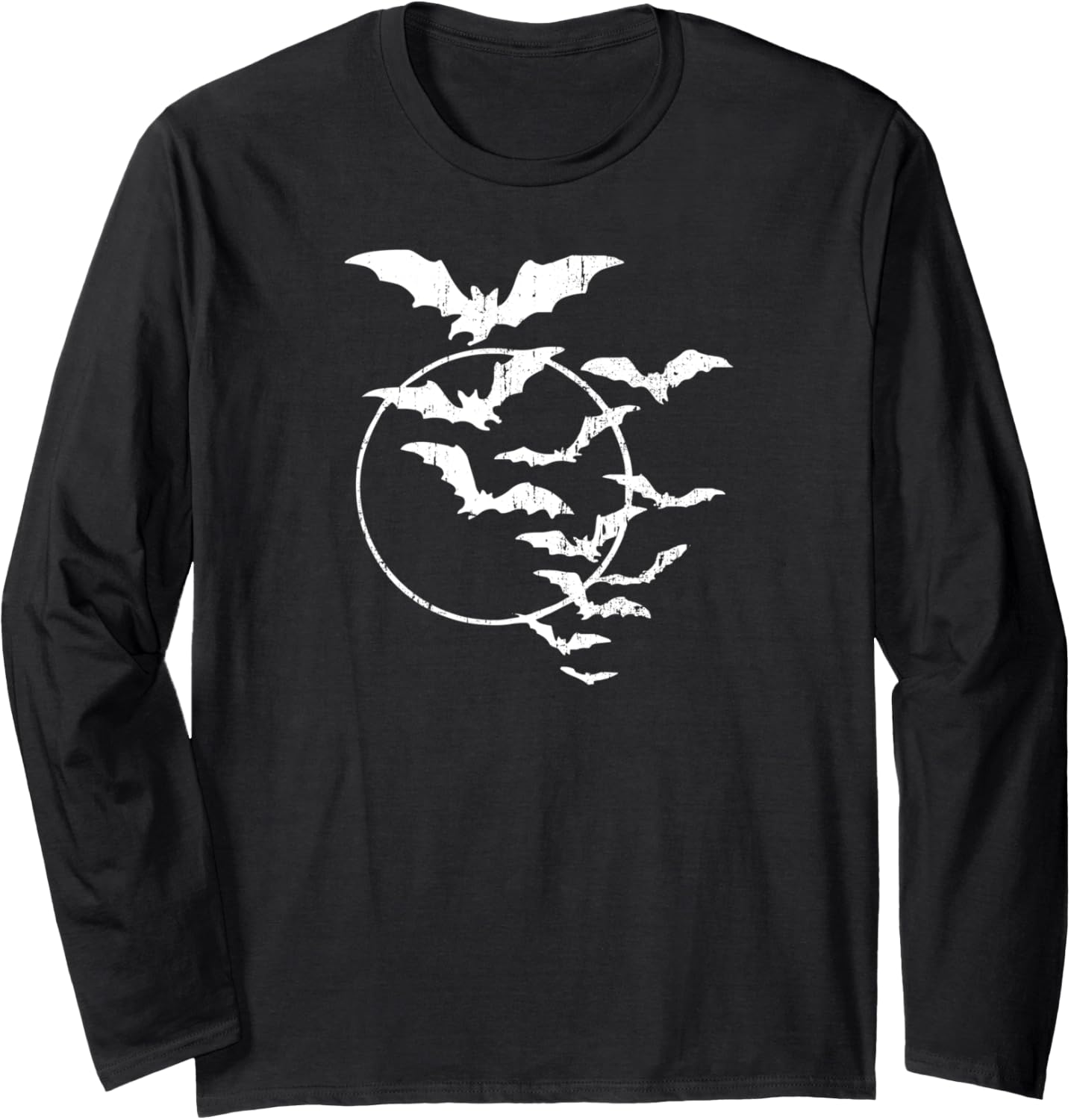 Halloween Swarm of Bats Full Moon Spooky Vintage Art Graphic Long Sleeve T-Shirt