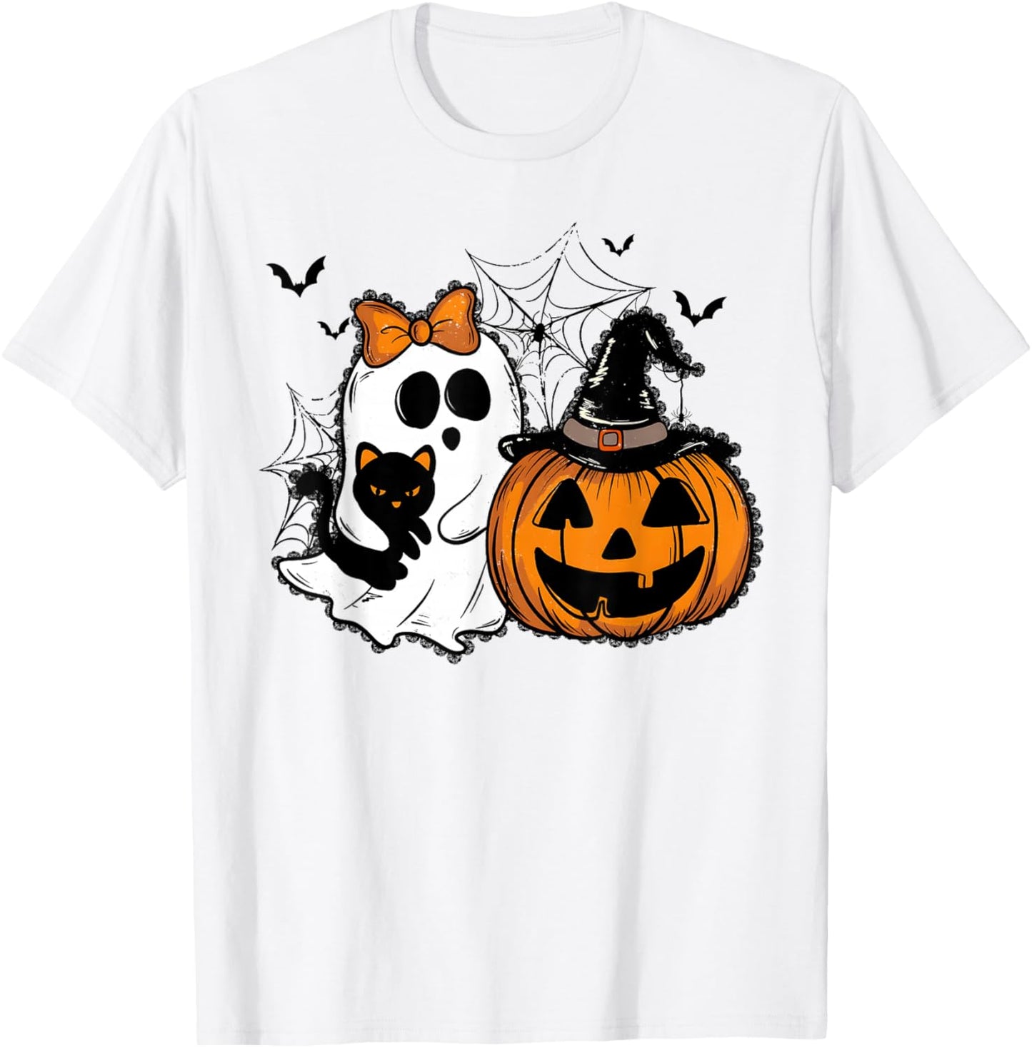 Halloween Lace Ghost Pumpkin Cat Coquette Bow Spooky Season T-Shirt