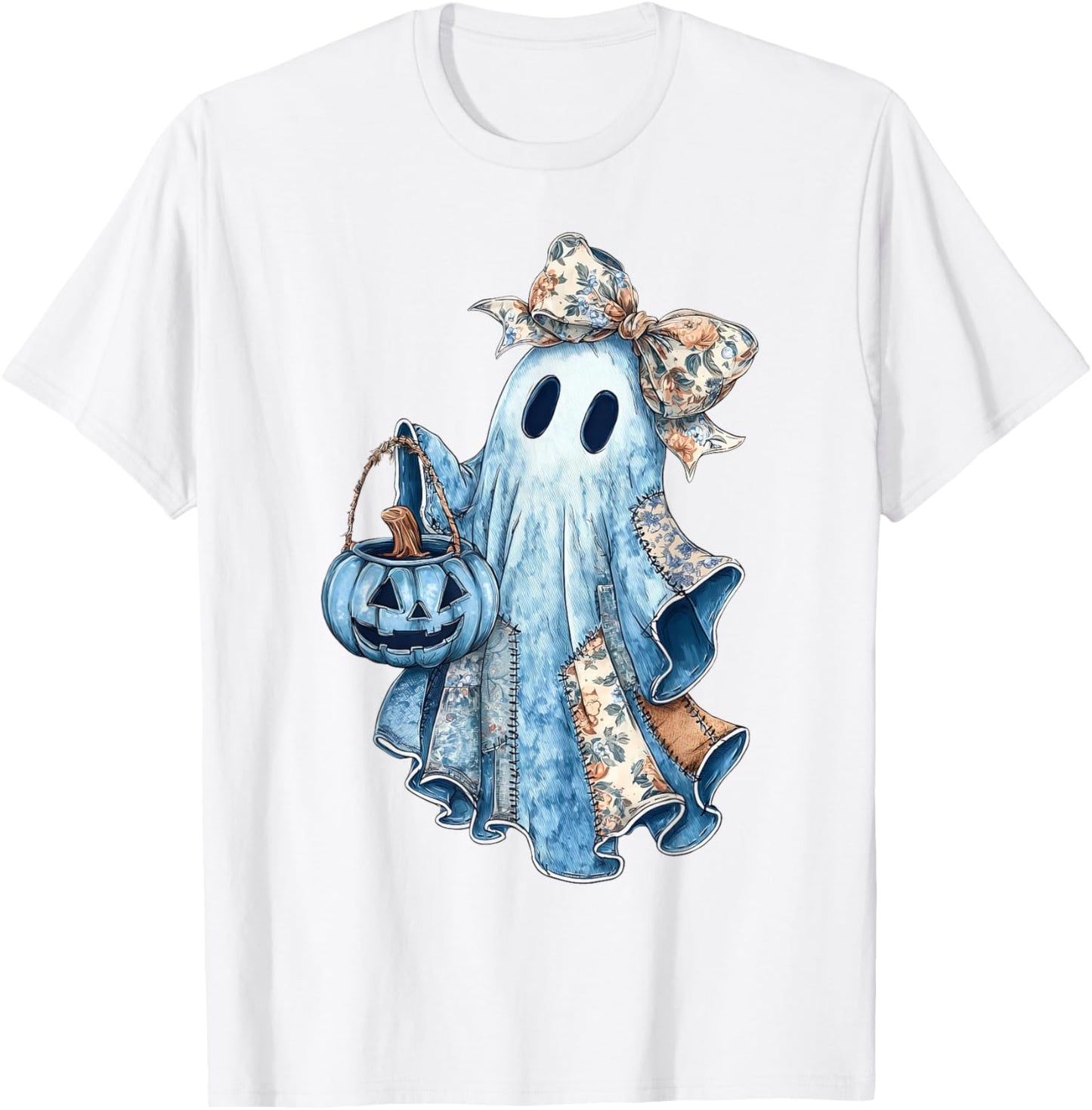 Halloween Ghost Blue Denim Patchwork Coquette Spooky Season T-Shirt