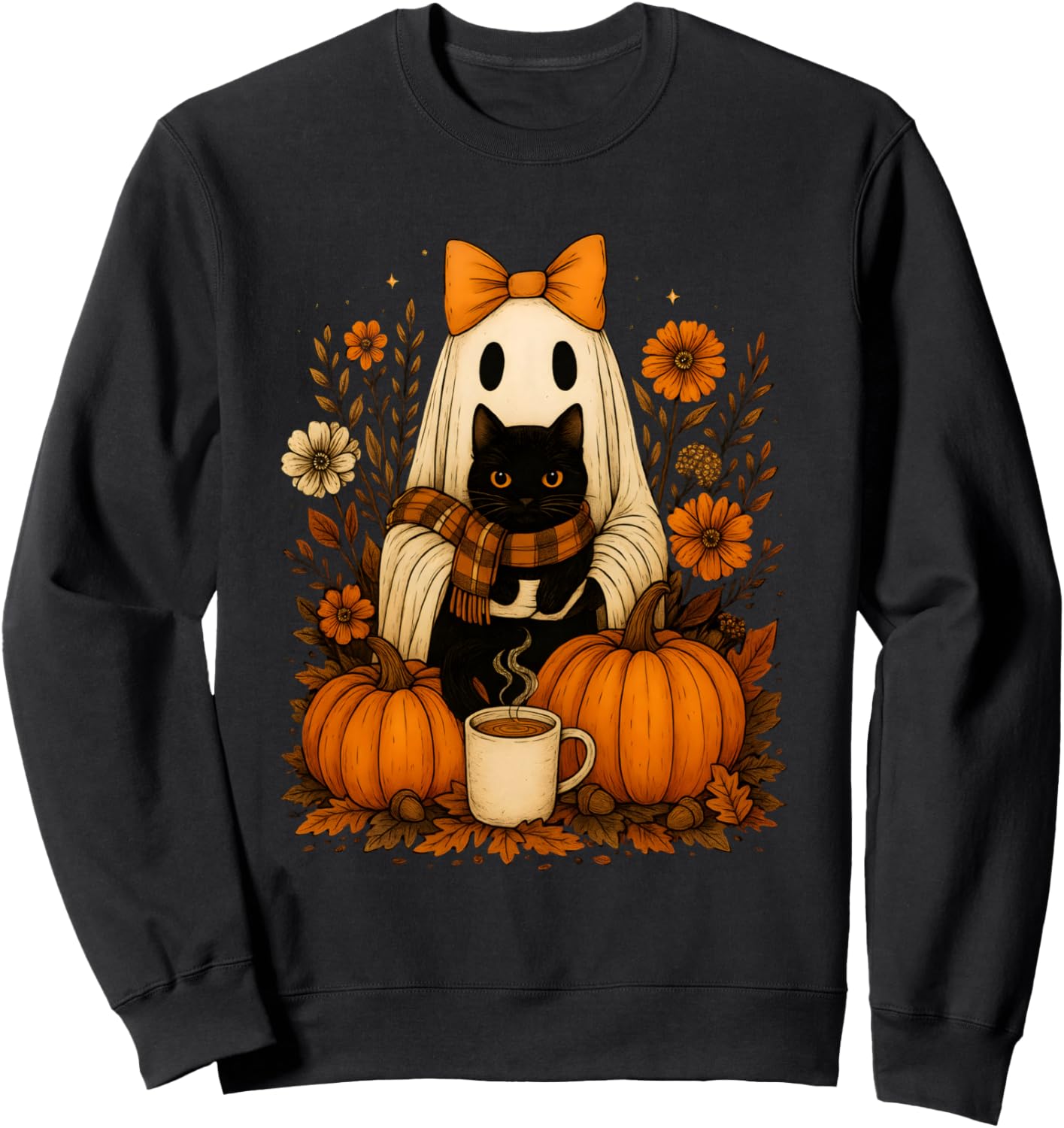 Groovy Floral Halloween Spooky Ghost Holding Black Cat Goth Sweatshirt