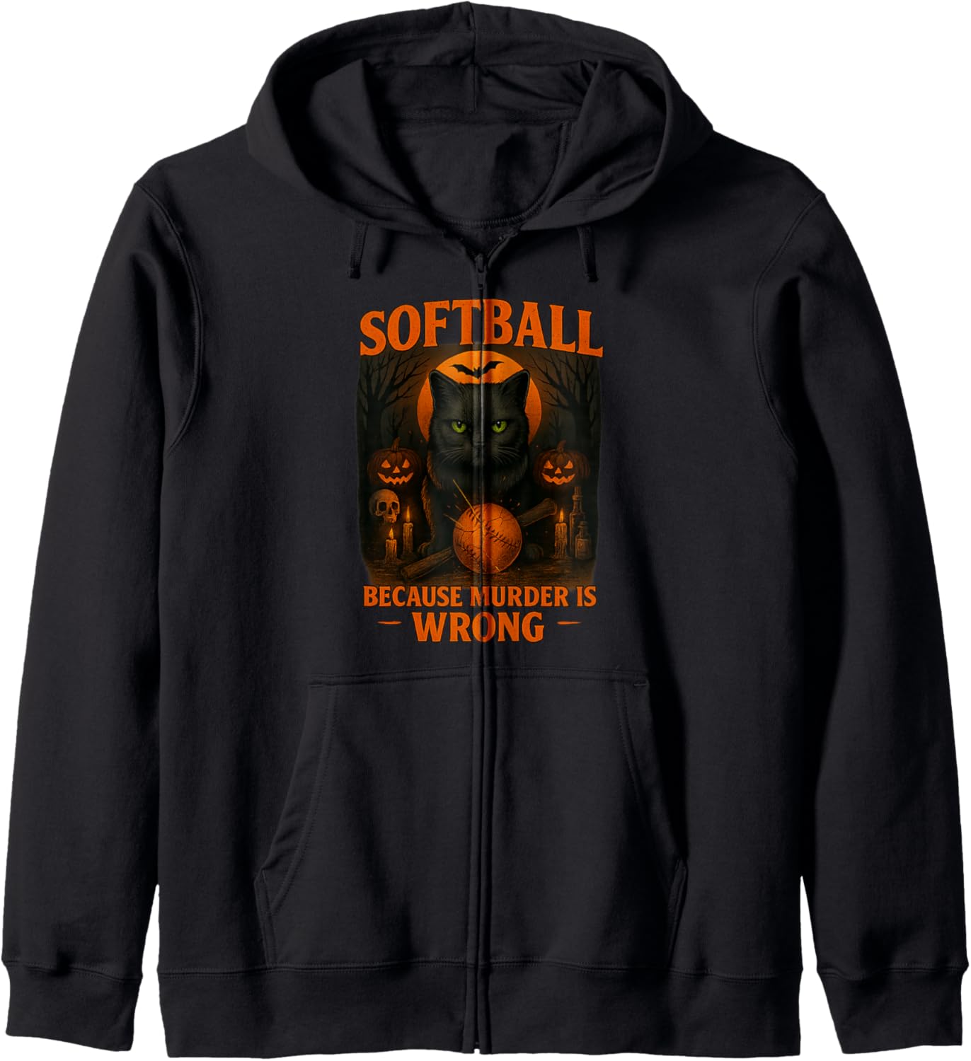 Halloween Softball Cat Costume Funny Pun Spooky Zip Hoodie