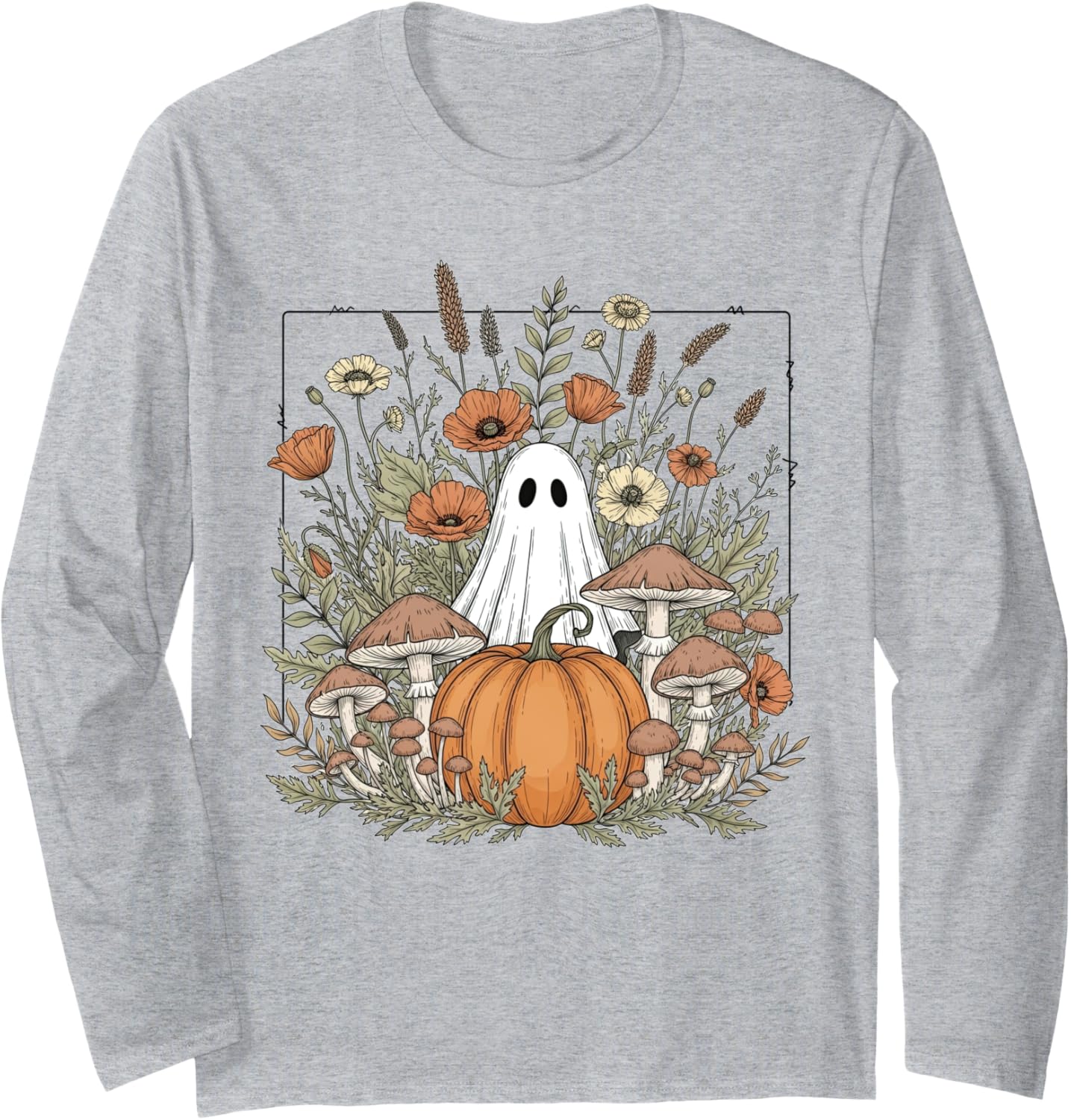 Halloween Ghost Spooky Season Retro Boho Floral Pumpkin Long Sleeve T-Shirt