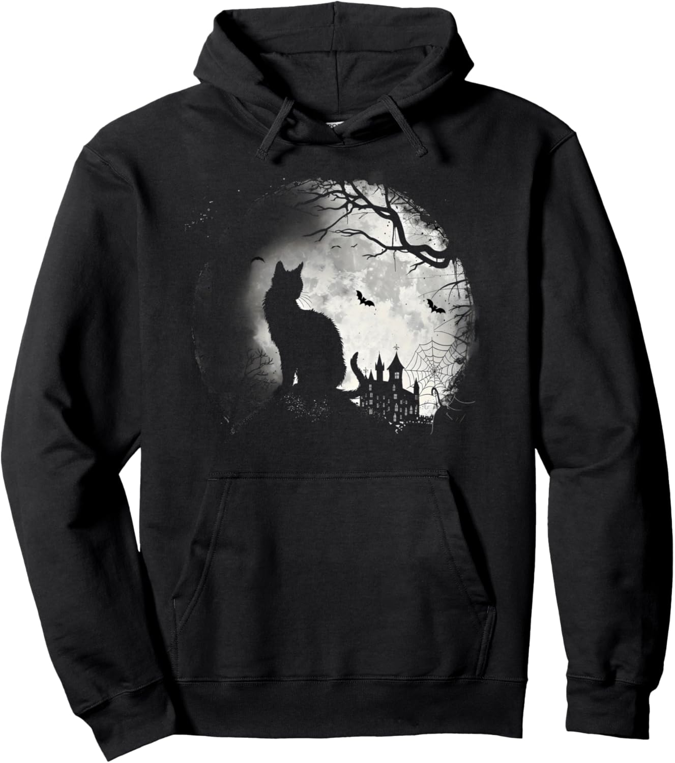 Halloween Black Cat Haunted Castle Spider Web Spooky Moon Pullover Hoodie