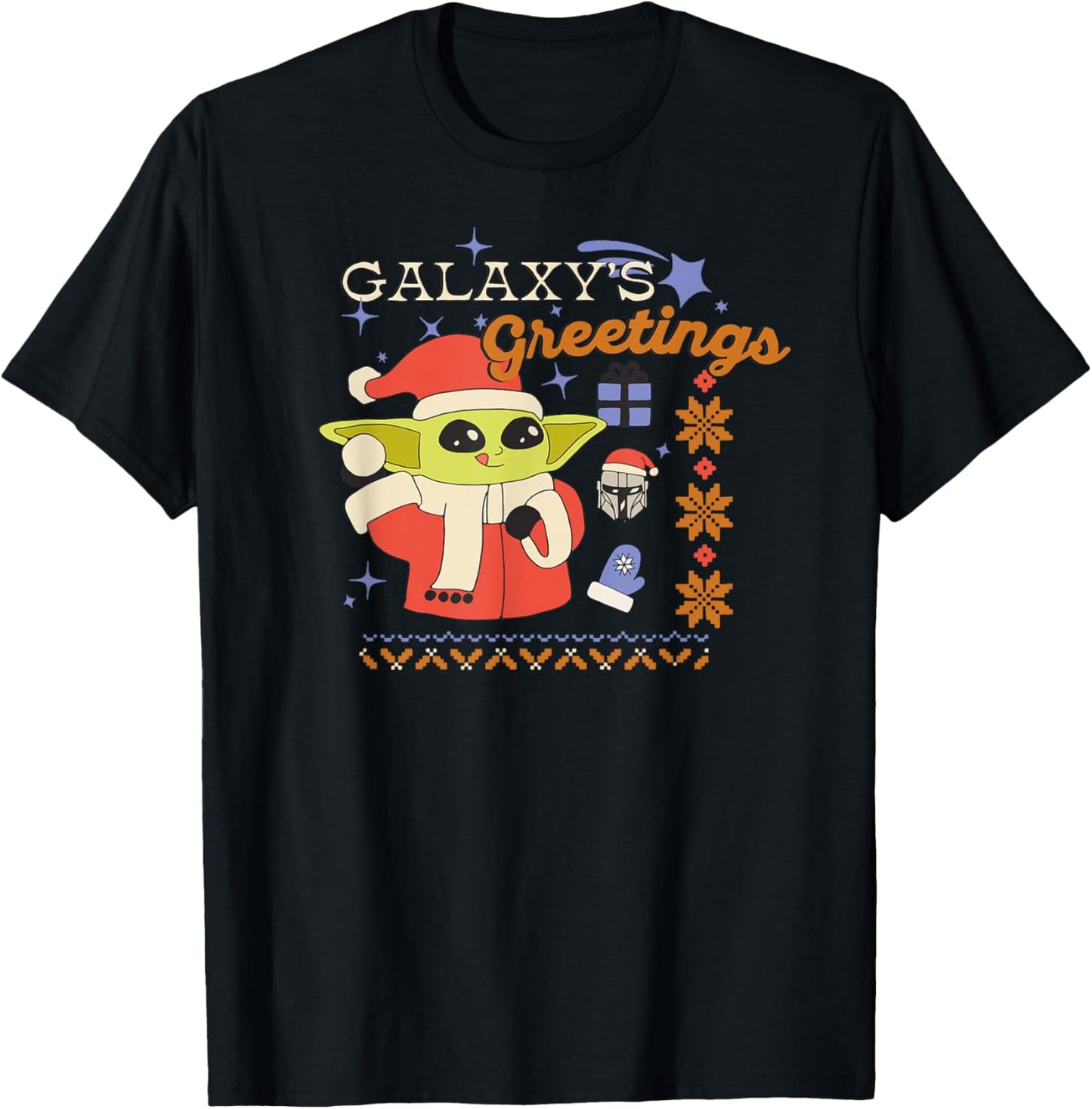 Amazon Essentials Men's The Mandalorian Grogu Christmas Holiday Galaxy's Greetings T-Shirt, Black Graphic Print, Small