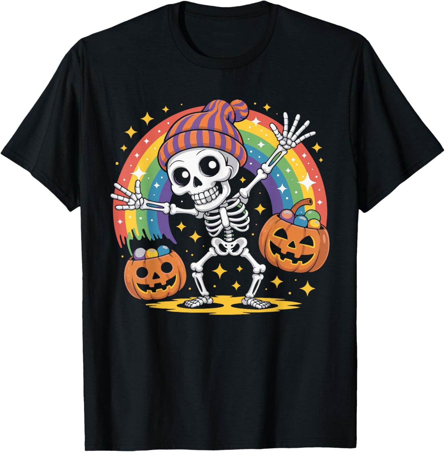 Halloween Rainbow Skeleton Pumpkin Trick or Treat Costume T-Shirt