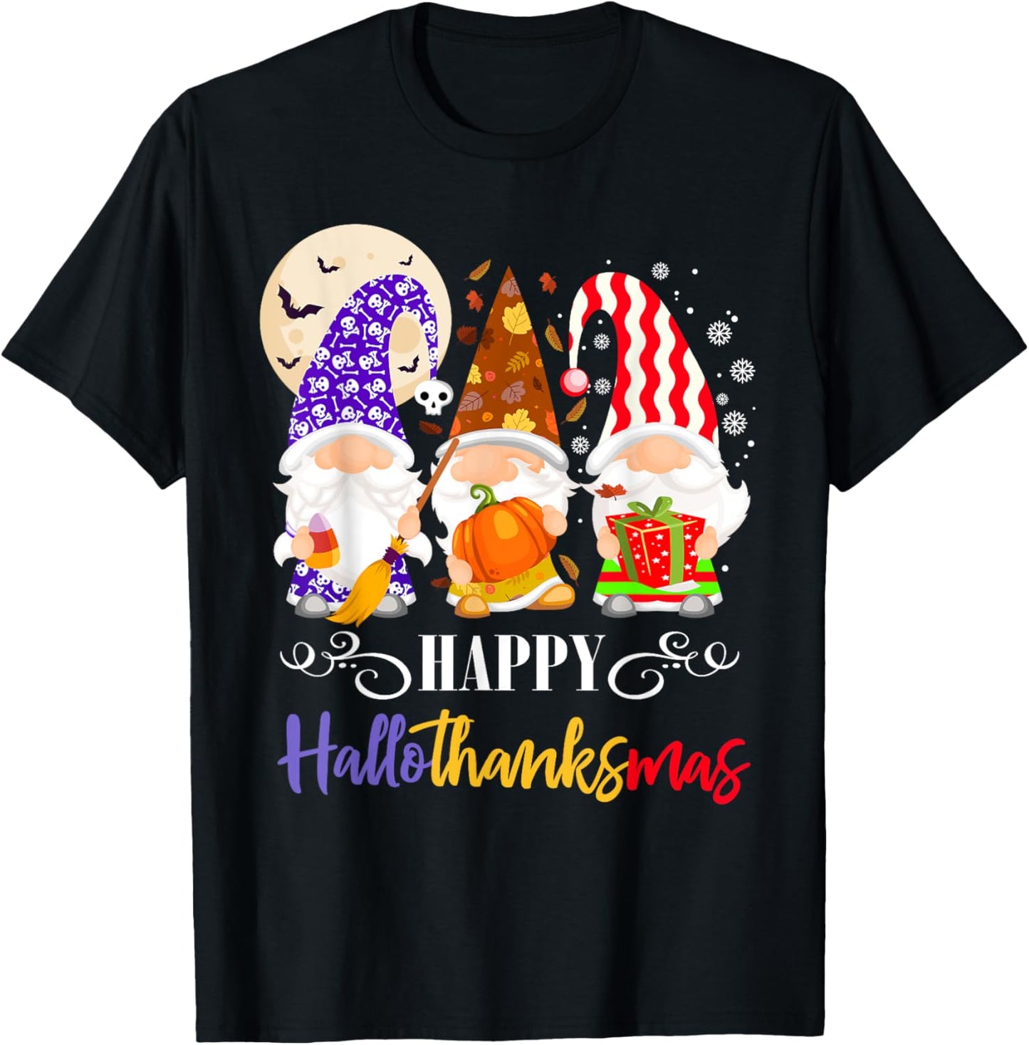 Halloween Thanksgiving Christmas Gnome Happy HallothanksMas T-Shirt