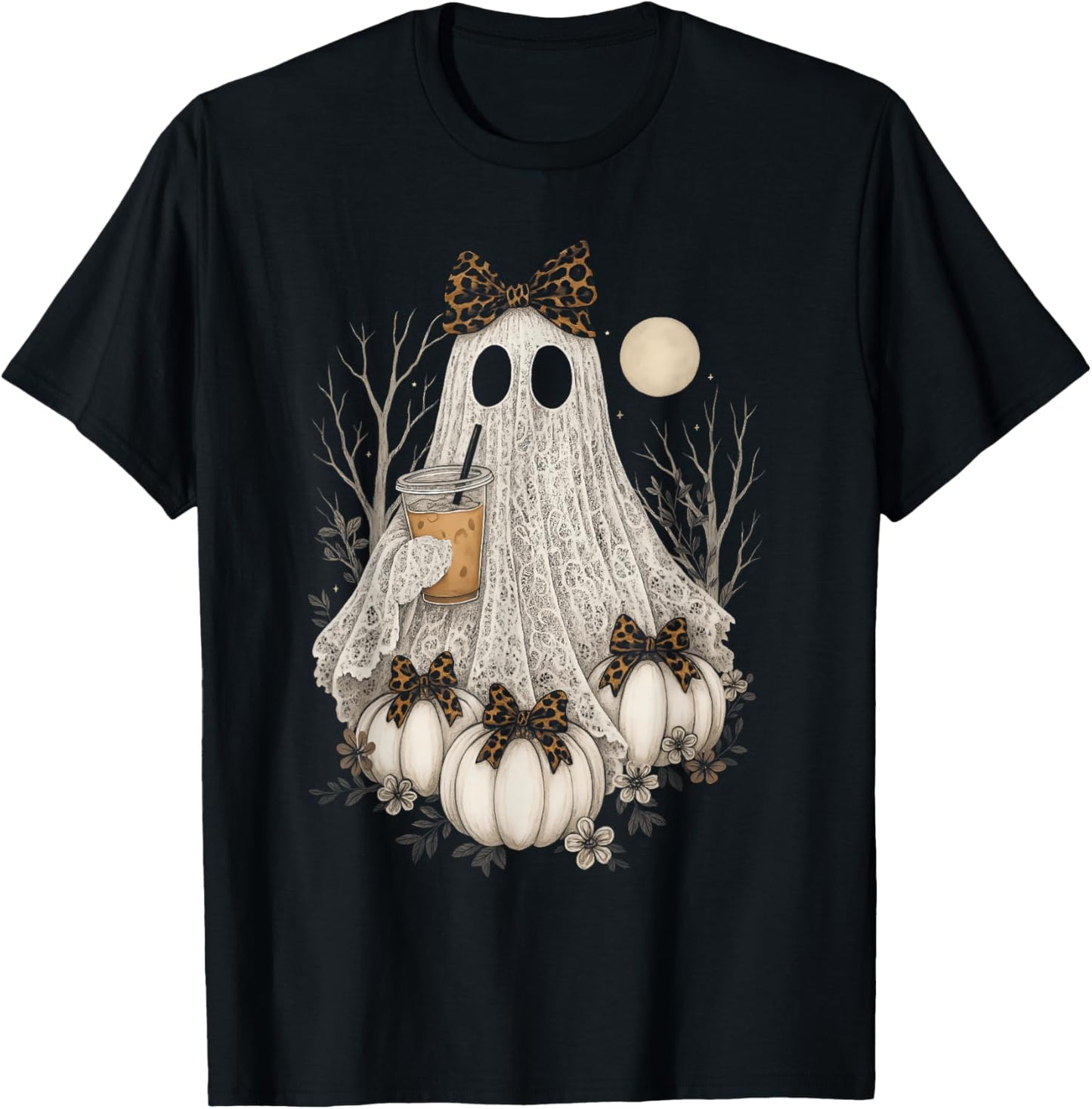 Halloween Ghost Coffee Pumpkin Coquette Bow Spooky Season T-Shirt