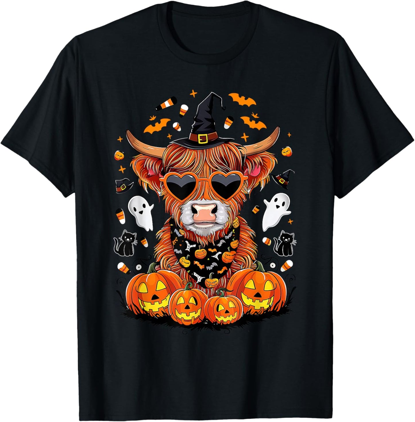 Halloween Highland Cow Farm Western Ghost Cow Witchy Pumpkin T-Shirt