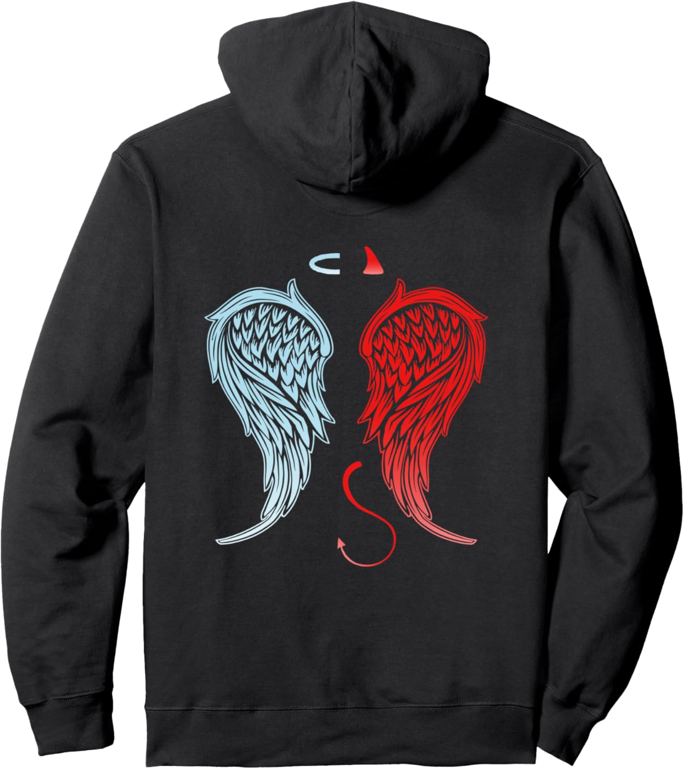 Half Angel Devil Wings on Back Halo Horns Tail Halloween Pullover Hoodie