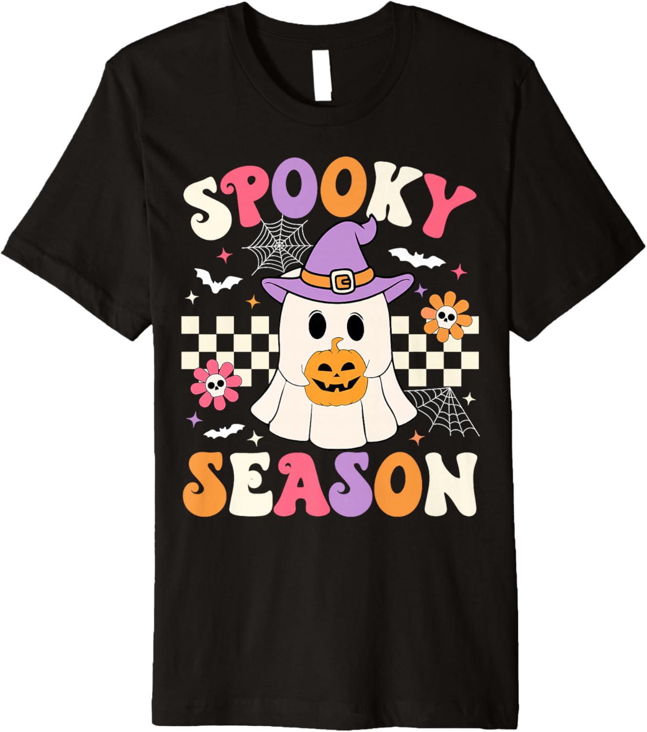 Groovy Spooky Season Retro Halloween Ghost Holding Pumpkin Premium T-Shirt