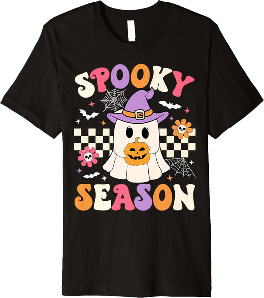 Groovy Spooky Season Retro Halloween Ghost Holding Pumpkin Premium T-Shirt