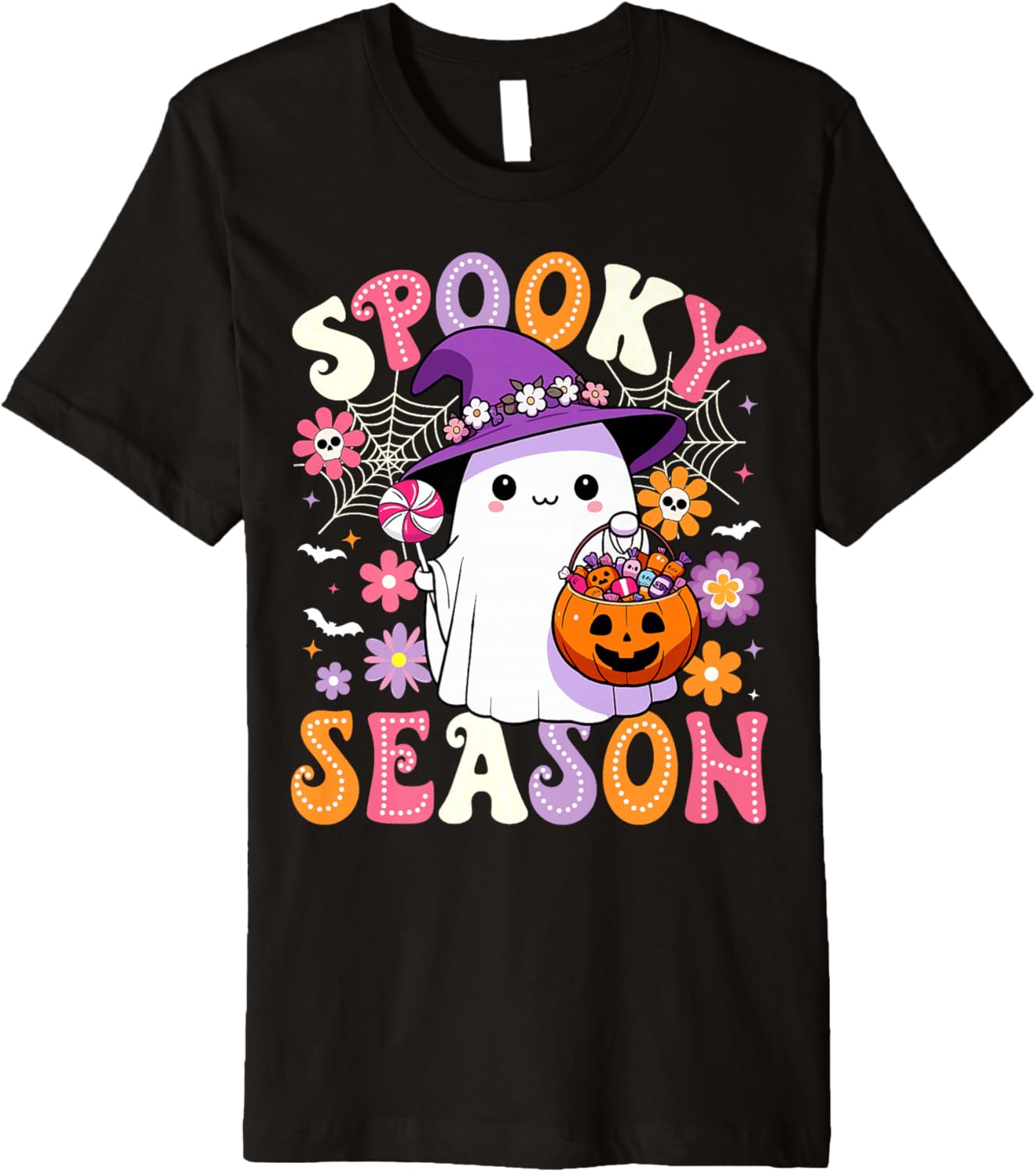 Groovy Spooky Season Retro Ghost Holding Pumpkin Halloween Premium T-Shirt