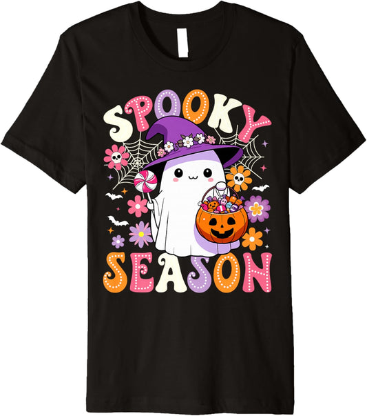 Groovy Spooky Season Retro Ghost Holding Pumpkin Halloween Premium T-Shirt
