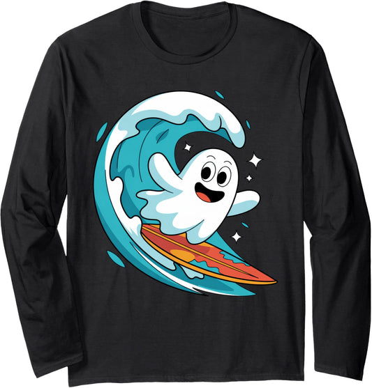 Halloween Boo Ghost Surfing Funny Surfers Spooky Season Long Sleeve T-Shirt
