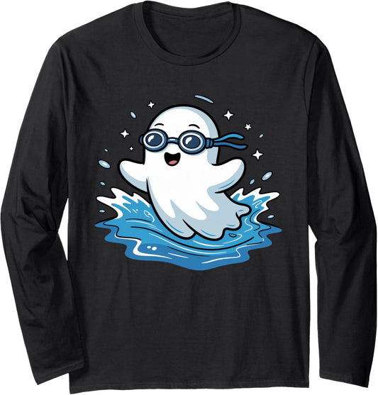 Halloween Boo Ghost Swimming Funny Swimmers Spooky Season Long Sleeve T-Shirt
