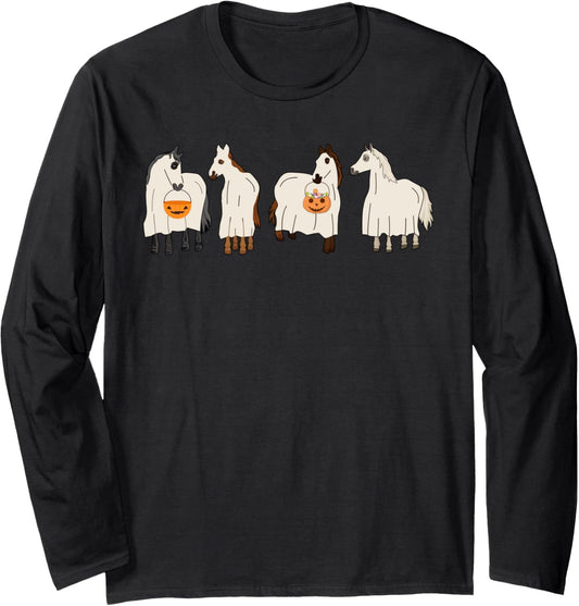Halloween Ghost Horses Spooky Season Funny Horse Long Sleeve T-Shirt