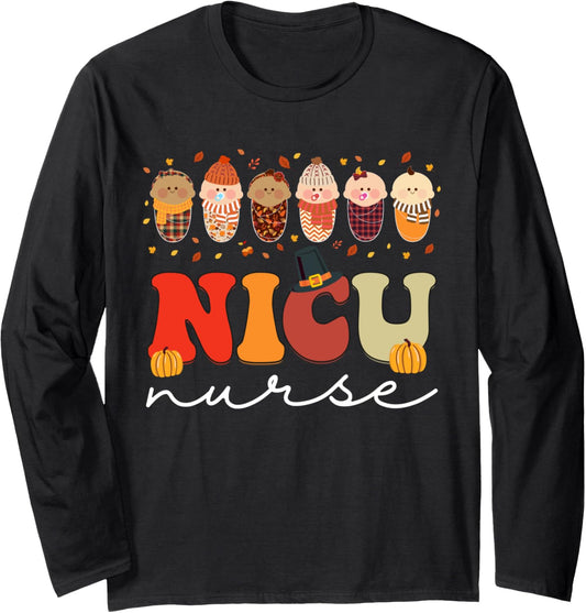 Groovy Retro NICU Nurse Fall Vibes Autumn Thanksgiving NICU Long Sleeve T-Shirt