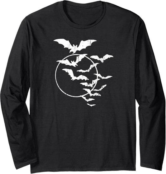 Halloween Swarm of Bats Full Moon Spooky Vintage Art Graphic Long Sleeve T-Shirt