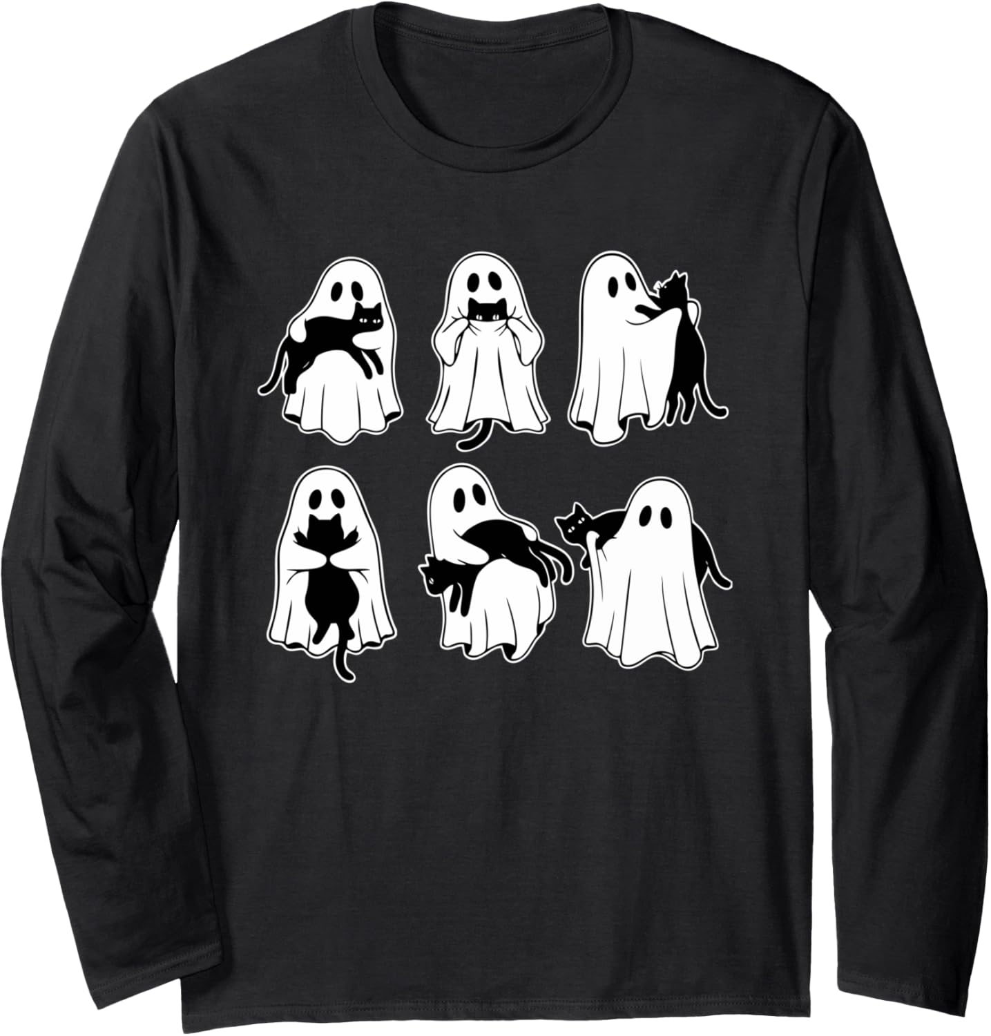 Halloween Ghost Cat Spooky Season Retro Fall Black Cat Lover Long Sleeve T-Shirt