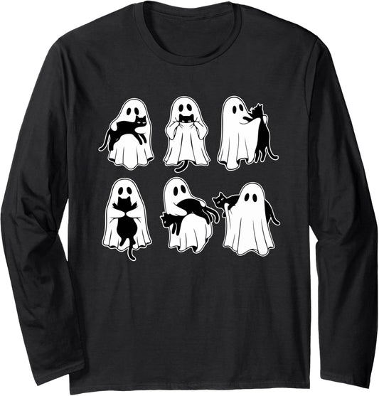 Halloween Ghost Cat Spooky Season Retro Fall Black Cat Lover Long Sleeve T-Shirt