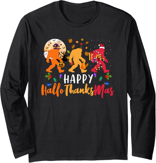 Hallothanksmas Bigfoot Halloween Thanksgiving Christmas Long Sleeve T-Shirt