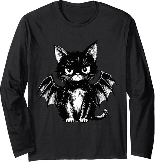 Halloween Black-Cat Bat Spooky Season Kitten Cat Lover Fall Long Sleeve T-Shirt