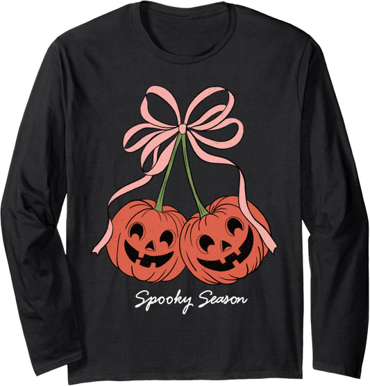 Halloween Pumpkin Cherries Coquette Bow Spooky Season Girls Long Sleeve T-Shirt