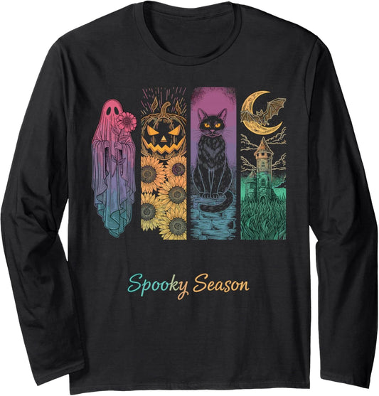 Halloween Spooky Season Ghost Cat Pumpkin Art Long Sleeve T-Shirt