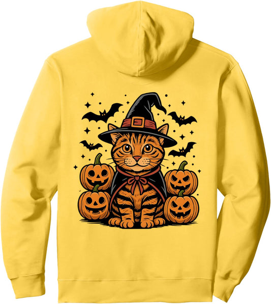 Halloween Orange Tabby Cat Witch Spooky Pumpkin Bats Pullover Hoodie