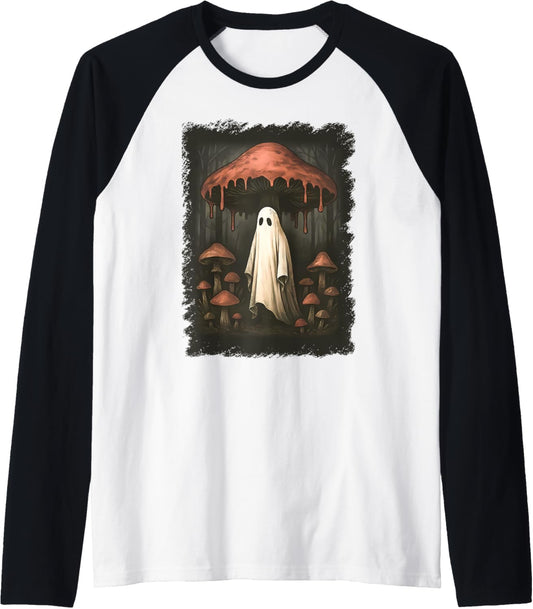 Halloween Cottagecore Ghost Mushroom Spooky Season Men Women Raglan Baseball Tee
