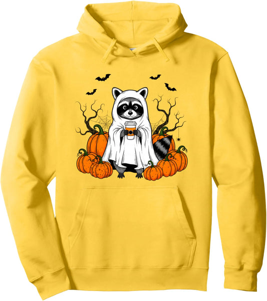 Halloween Raccoon Ghost Costume With Pumpkins Spooky Season Pullover Hoodie