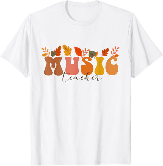 Groovy Retro Music Teacher Vintage Fall Leaves Autumn Season T-Shirt for Men Women