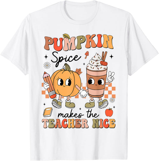Groovy Pumpkin Spice Makes Teacher Nice Fall Thanksgiving T-Shirt