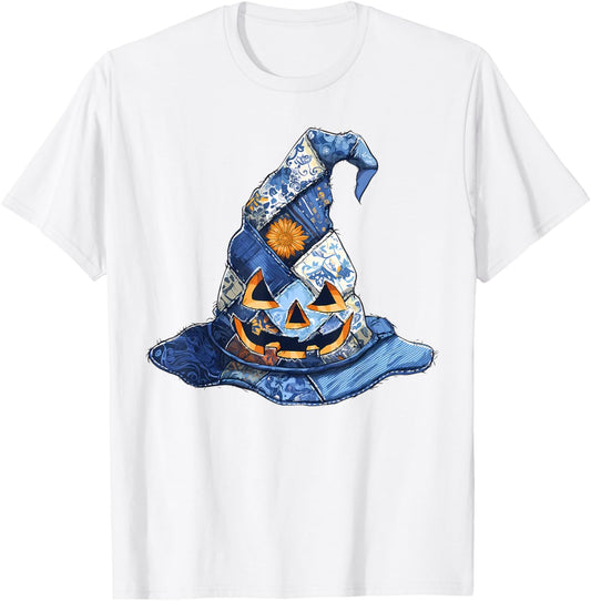 Halloween Blue Denim Witch Hat Ghost Patchwork Spooky Season T-Shirt