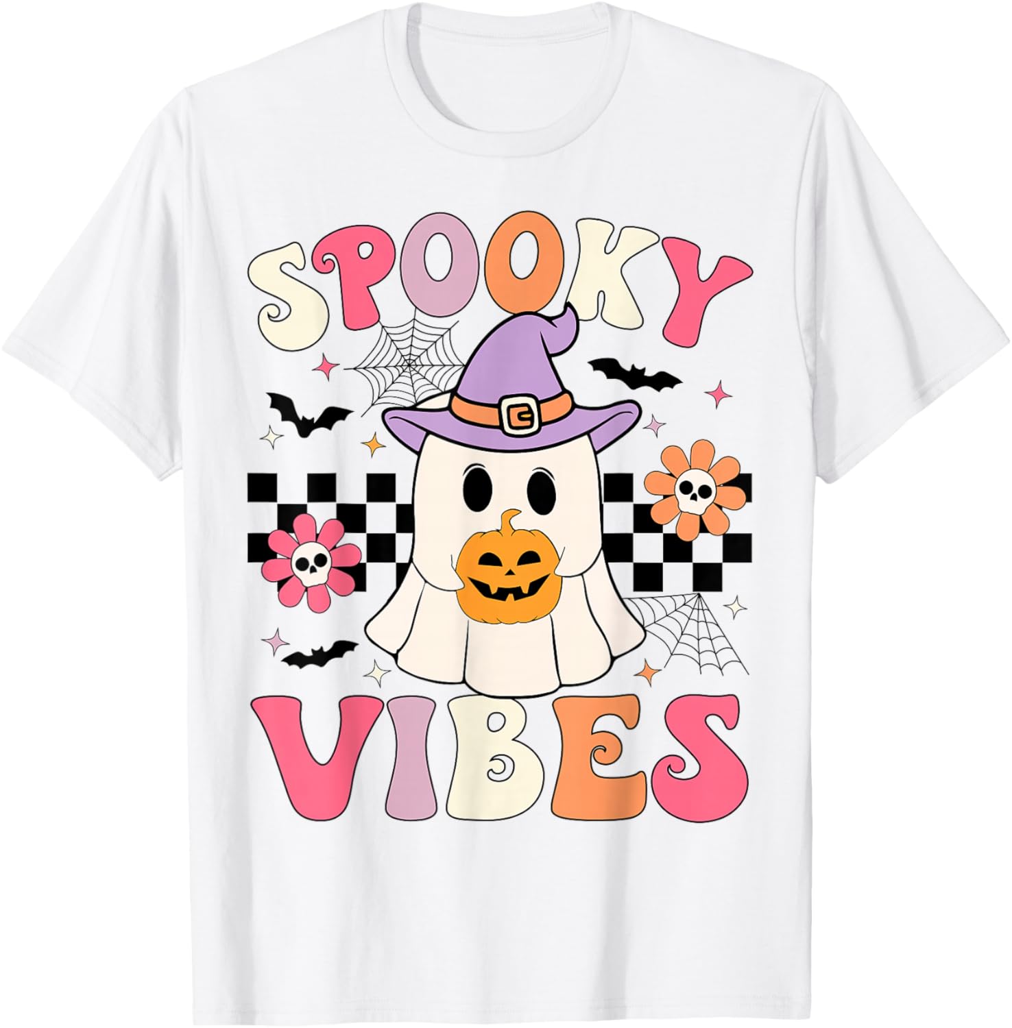 Groovy Spooky Vibes Retro Ghost Holding Pumpkin Halloween T-Shirt