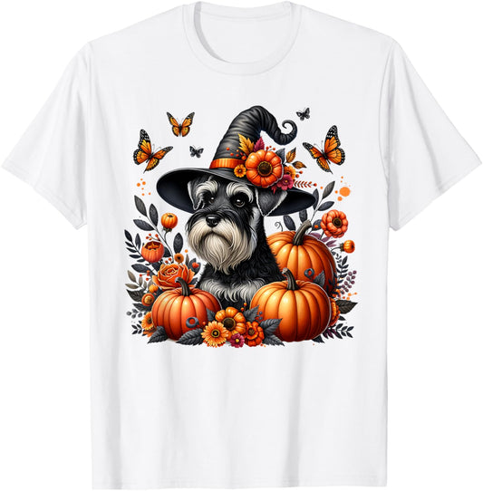 Halloween Miniature Schnauzer Dog Pumpkin Autumn Flowers T-Shirt