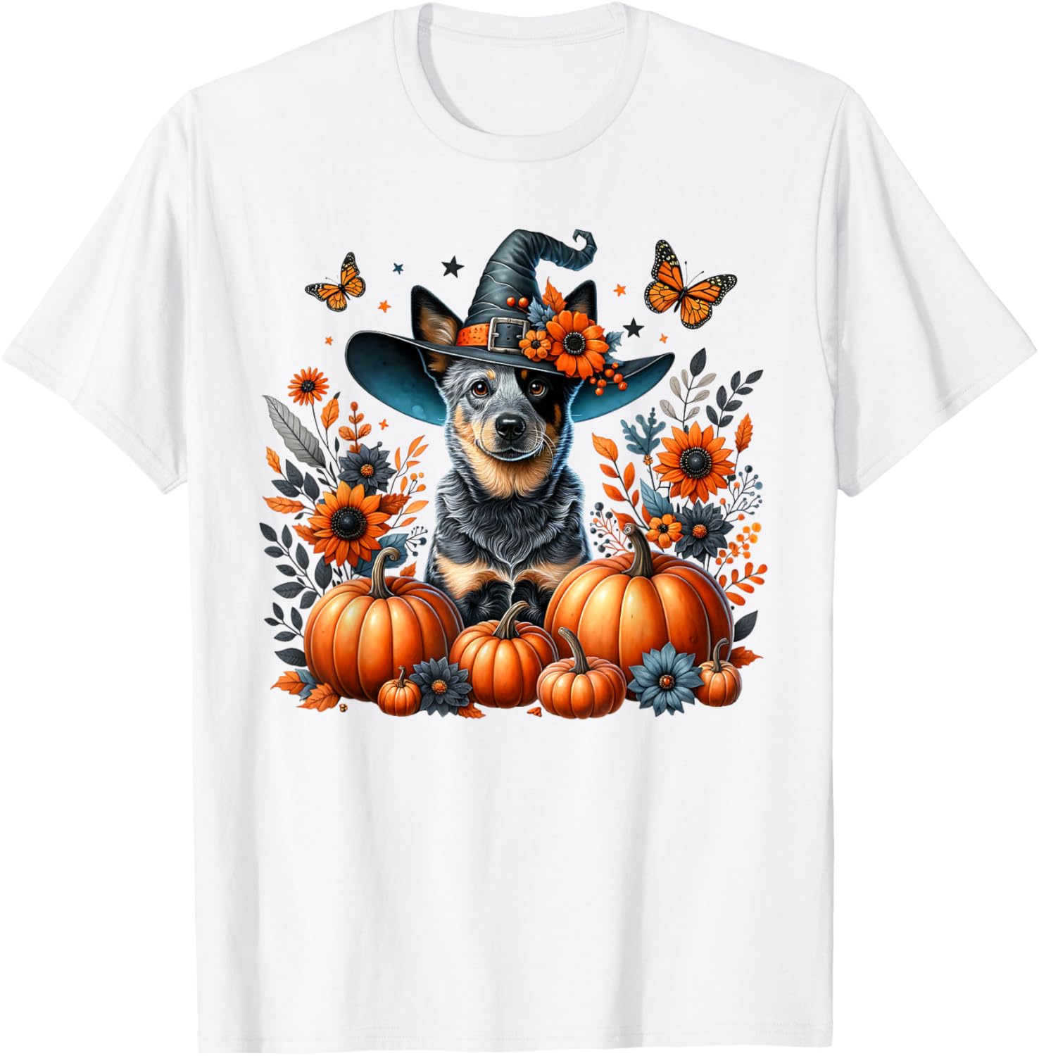 Halloween Blue Heeler Dog Pumpkin Autumn Season Flowers Men Women Kids T-Shirt