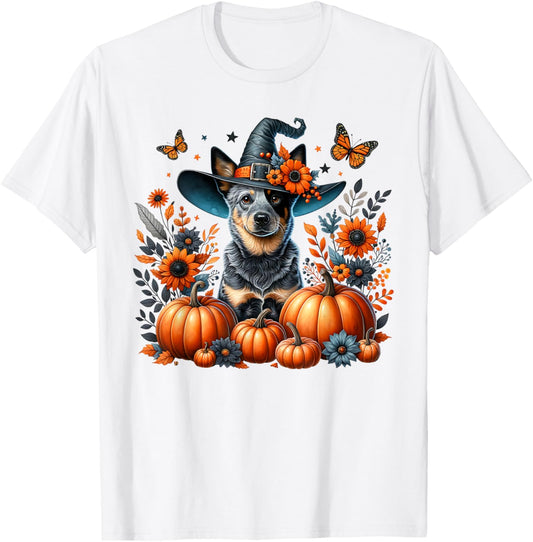 Halloween Blue Heeler Dog Pumpkin Autumn Season Flowers Men Women Kids T-Shirt