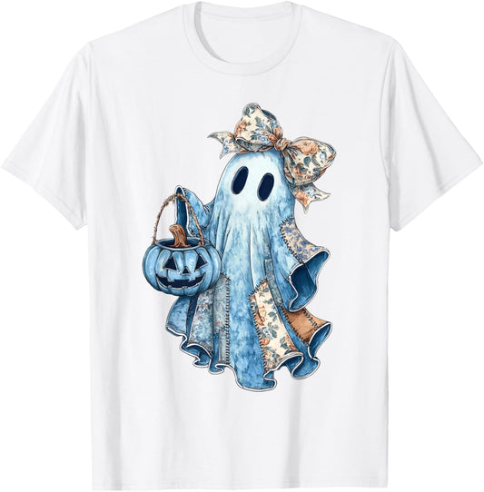 Halloween Ghost Blue Denim Patchwork Coquette Spooky Season T-Shirt
