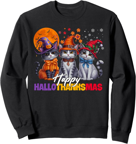 Halloween Thanksgiving Christmas Happy HalloThanksMas Cats Sweatshirt