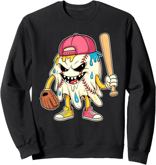Halloween Ice Cream Drip, Funny Ghost Baseball Dripping Kids Sweatshirt