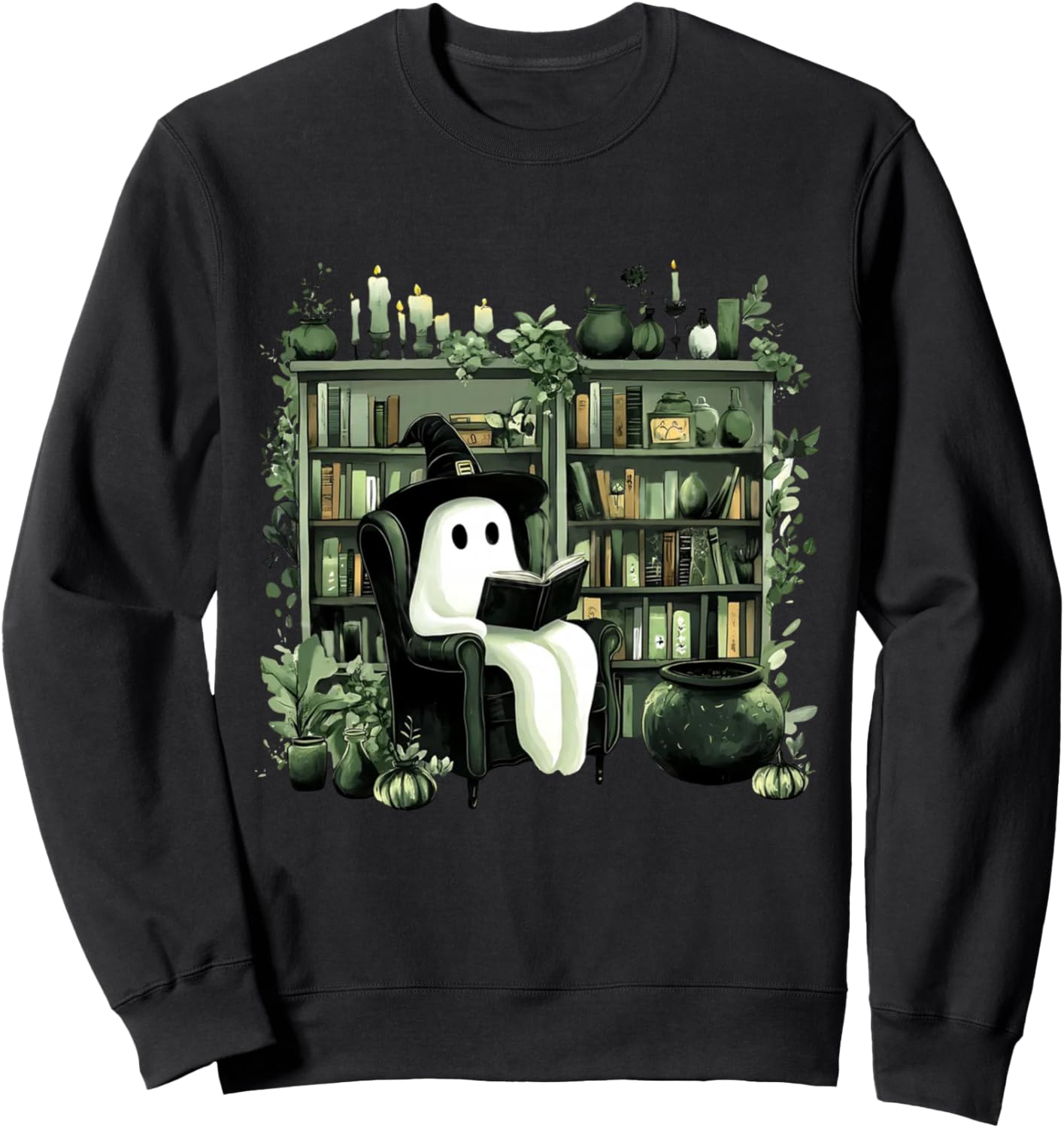 Green Bookshelf Witch Ghost Reading Books Plant Halloween Sweatshirt