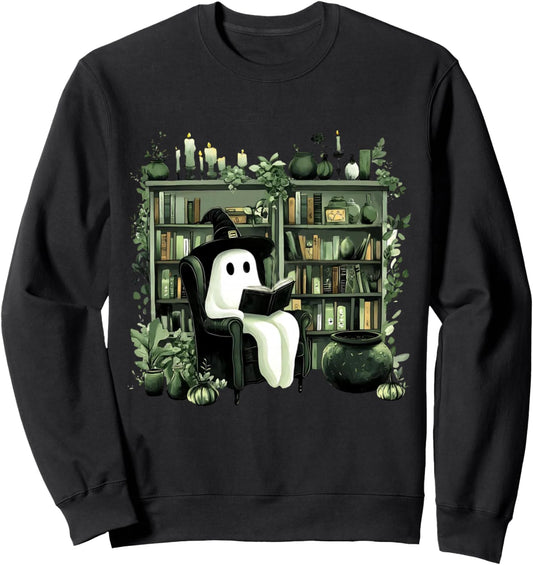 Green Bookshelf Witch Ghost Reading Books Plant Halloween Sweatshirt