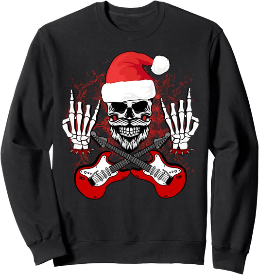 Guitar Santa Skull w Rock on Skeleton Hands - Cool Christmas Sweatshirt
