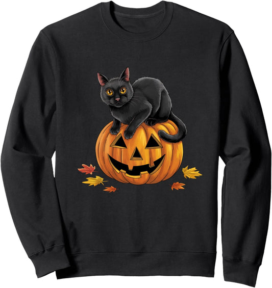 Halloween cat On Pumpkin With Fall Leaves Sweatshirt