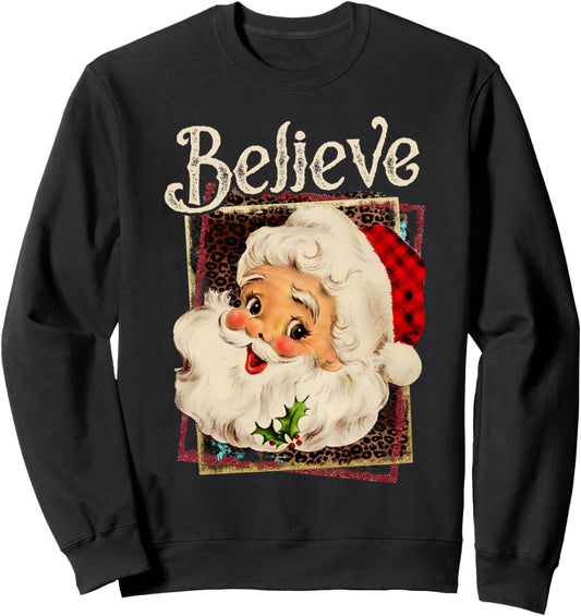 Groovy Vintage Pink Santa Claus Believe Christmas Women Kids Sweatshirt