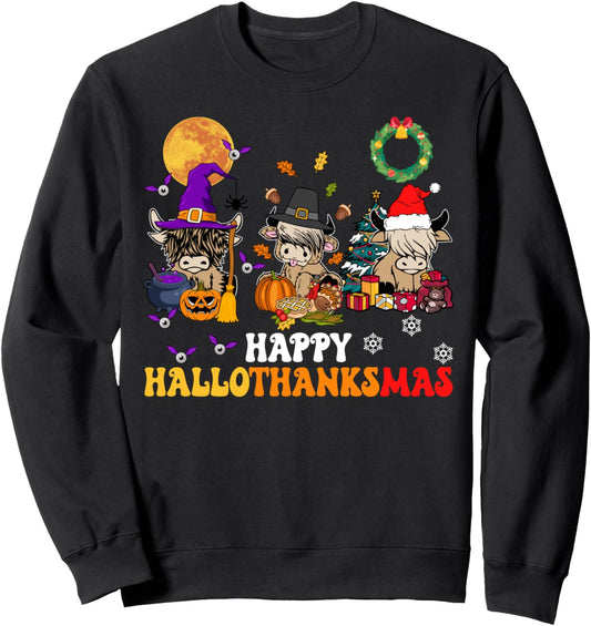 Hallothanksmas Highland Cow Halloween Christmas Thanksgiving Sweatshirt