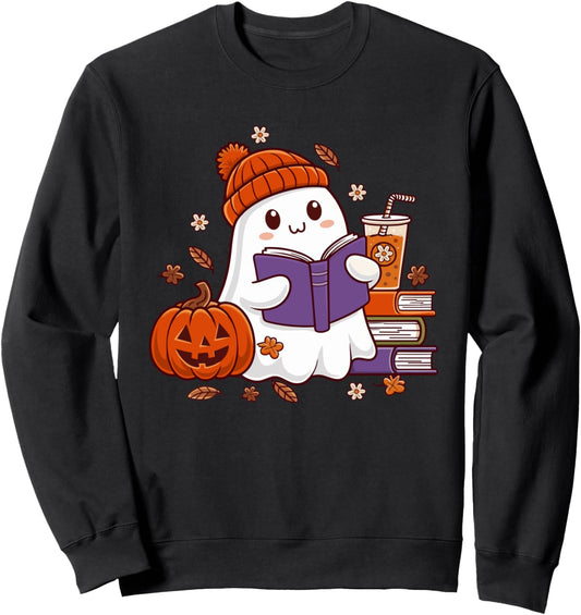 Halloween Ghost Reading Book Lovers Ghost Coffee Women Sweatshirt