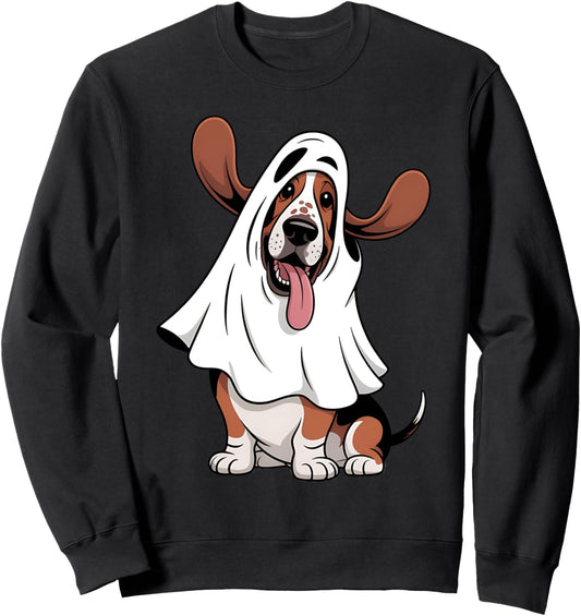 Basset Hound Dog Wearing A White Ghost Costume Halloween Sweatshirt