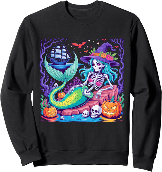 Halloween Skeleton Mermaid With Witch Hat Sweatshirt